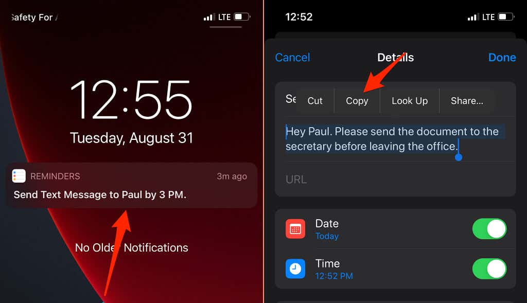 Notification from Reminders and text copied