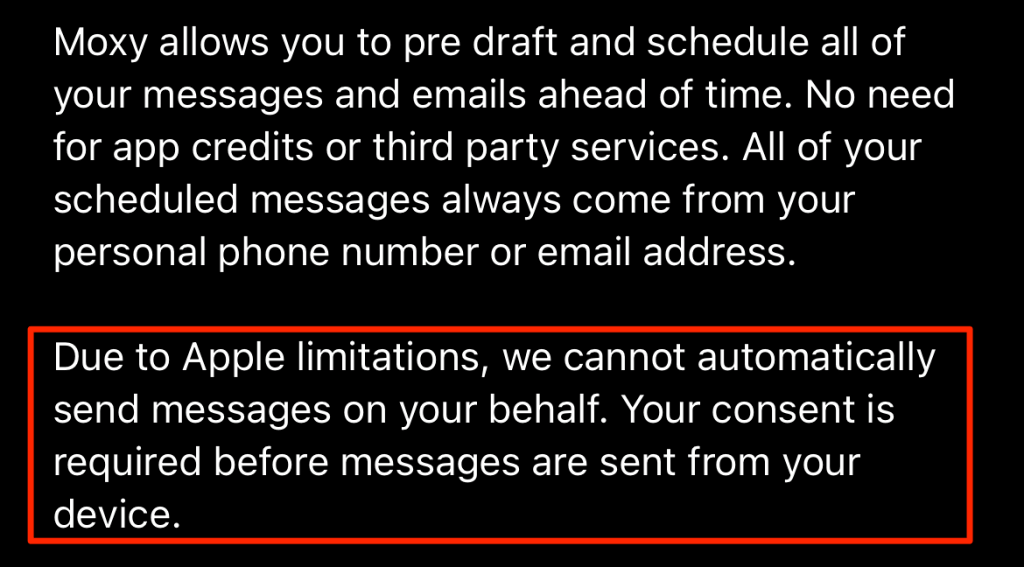 Moxy message: "Due to Apple limitations, we cannot automatically send messages on your behalf. Your consent is required before messages are sent from your device."