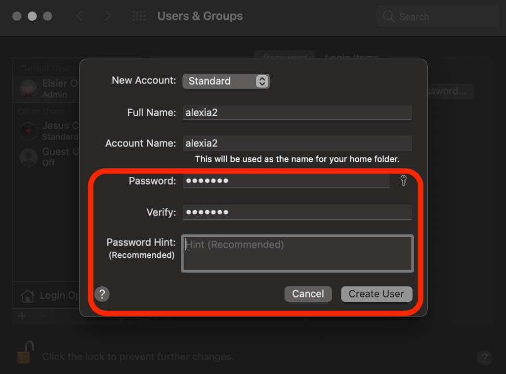 Password and Verify fields 