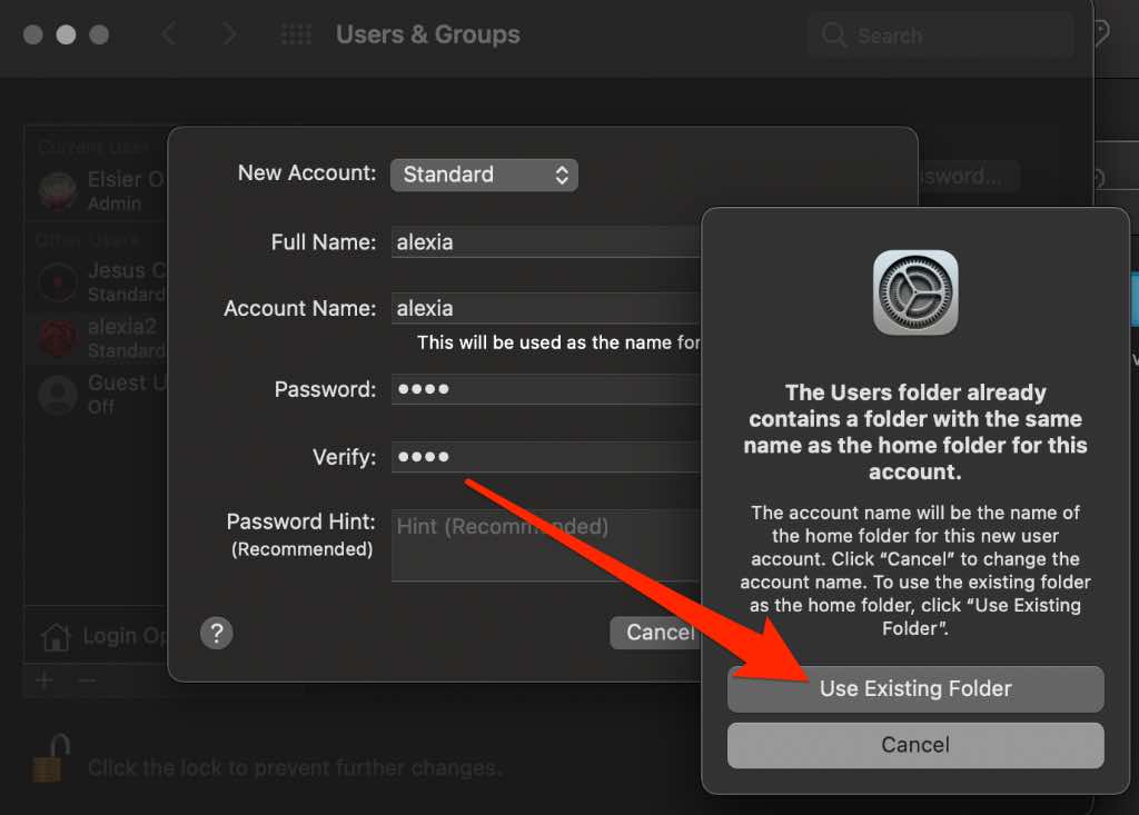 Create User > Use Existing Folder