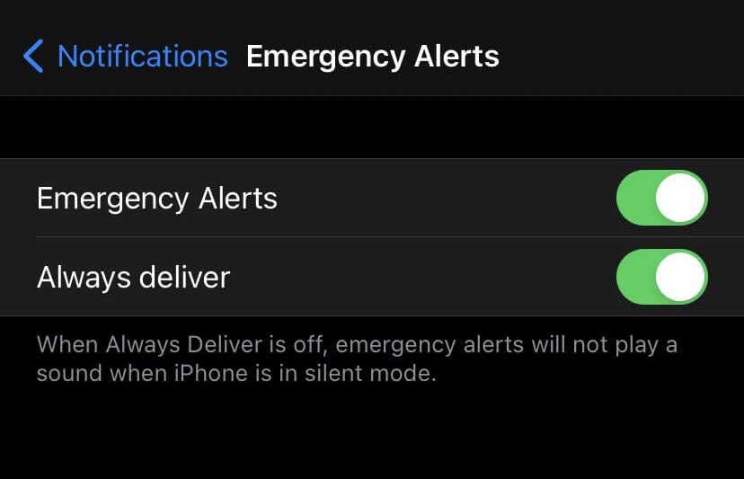 Emergency Alerts toggles