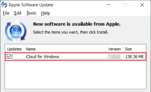 iCloud for Windows update selected  