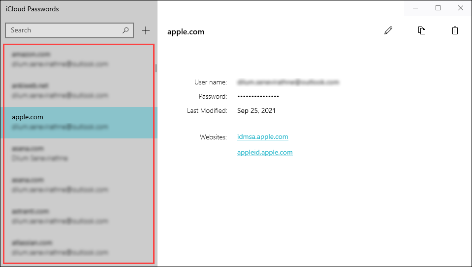 Password selected and details shown in right window