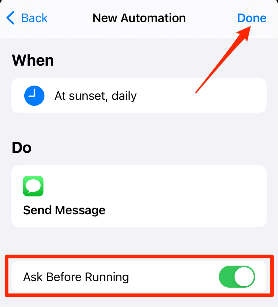 Ask Before Running and Done button