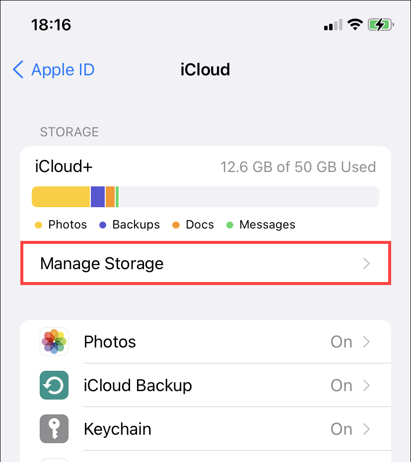 iCloud > Manage Storage