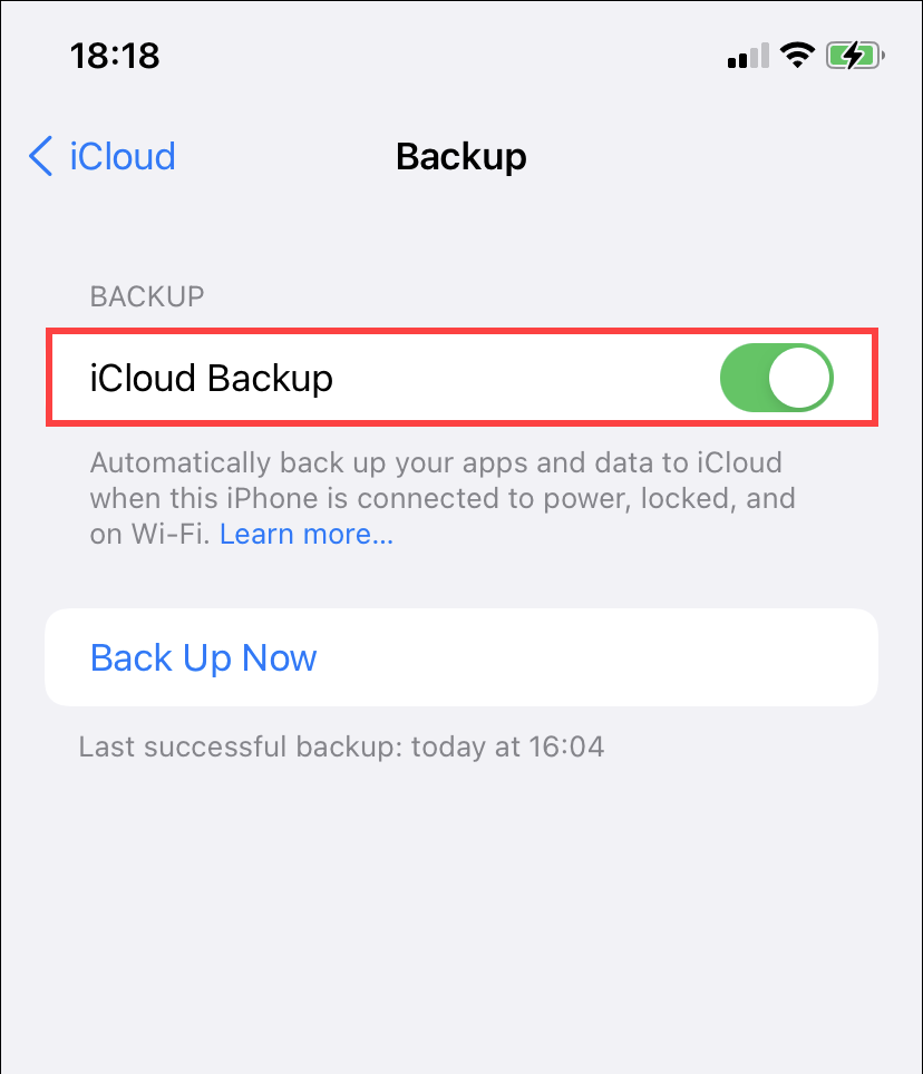 iCloud Backup toggle