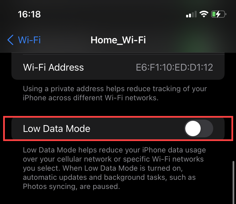 Low Data Mode toggle 