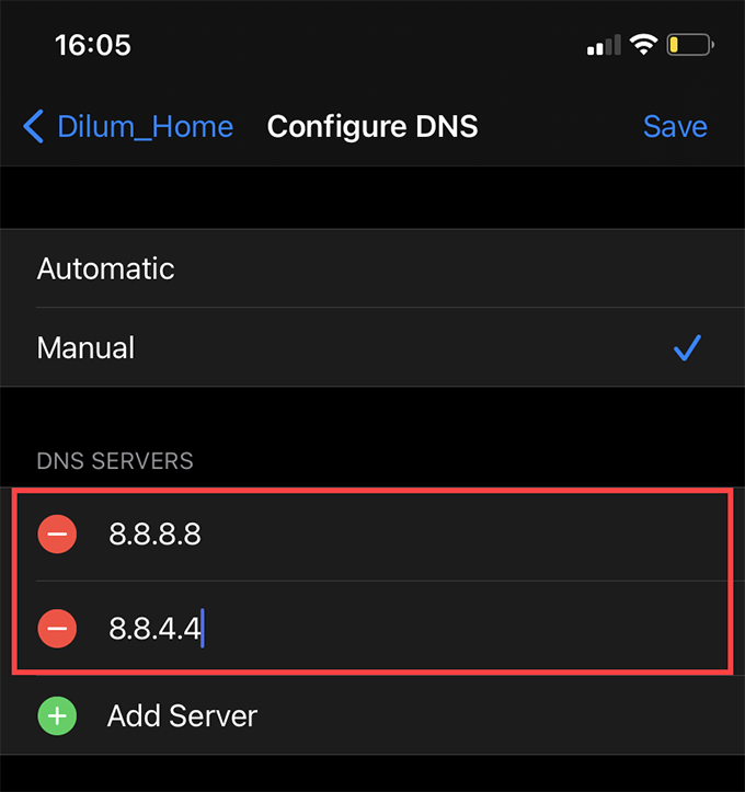 Configure DNS screen 