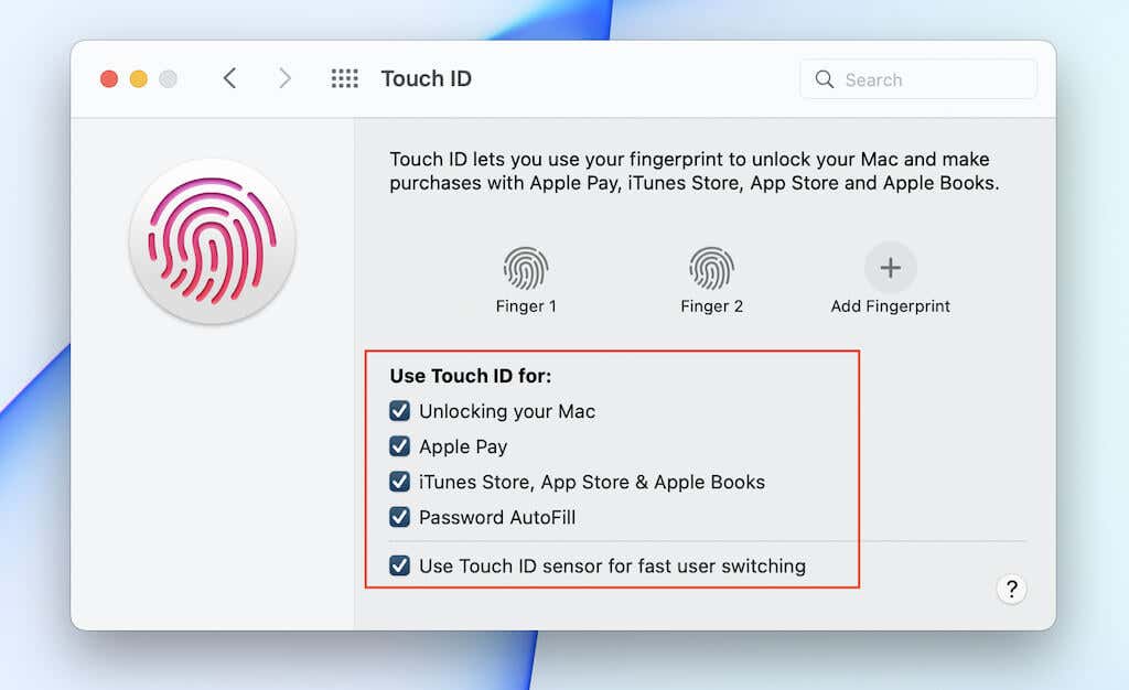 Touch ID settings window 