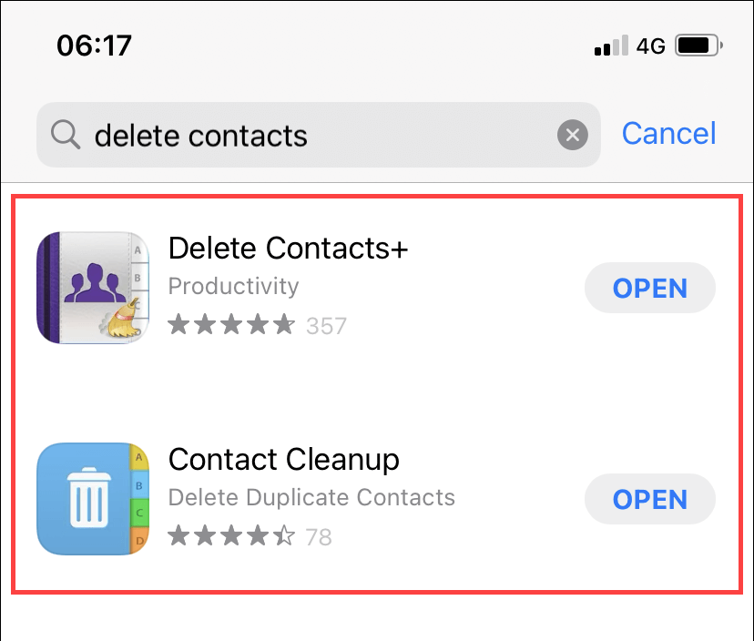 App Store search results for "delete contacts" 