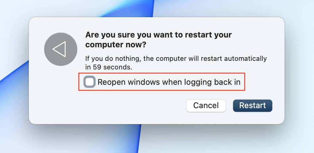 Reopen windows when logging back in check box