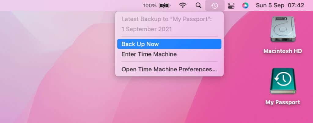 Back Up Now in Time Machine menu