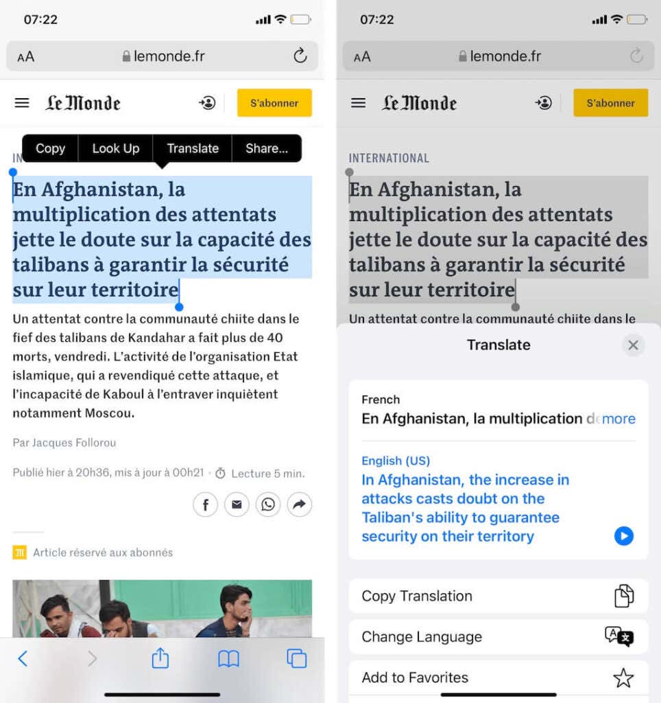 Text selected and translated in iOS 15