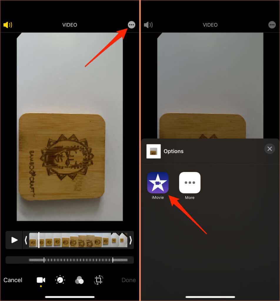 Three-dot icon and iMovie in "Options" menu