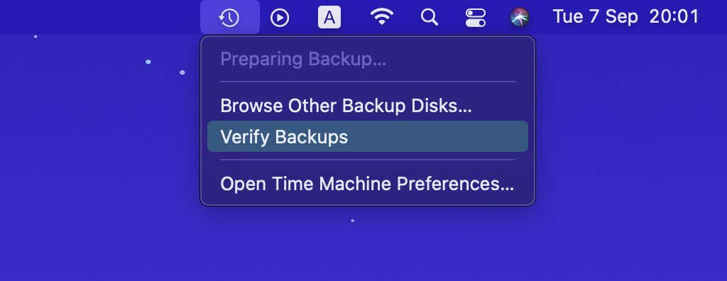 Verify Backups in Time Machine menu