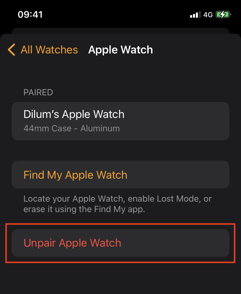 Unpair Apple Watch button 