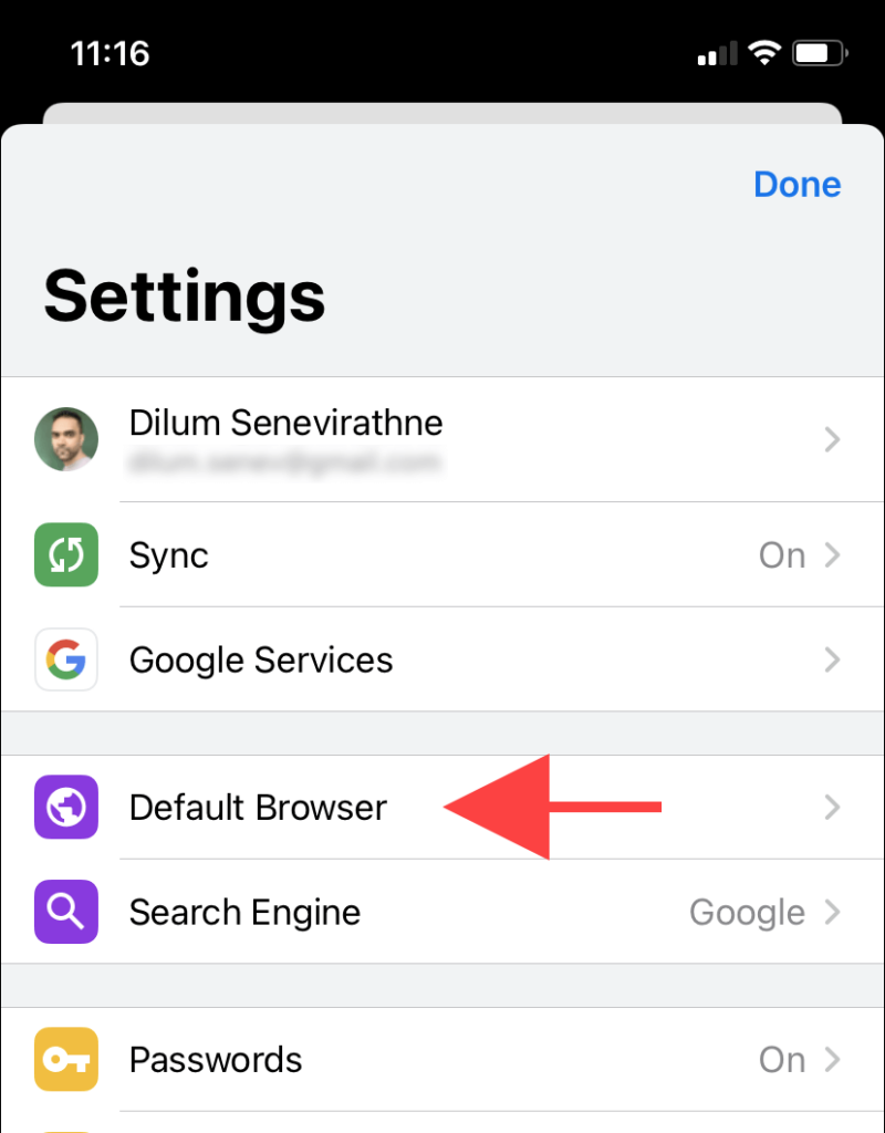 Settings > Default Browser