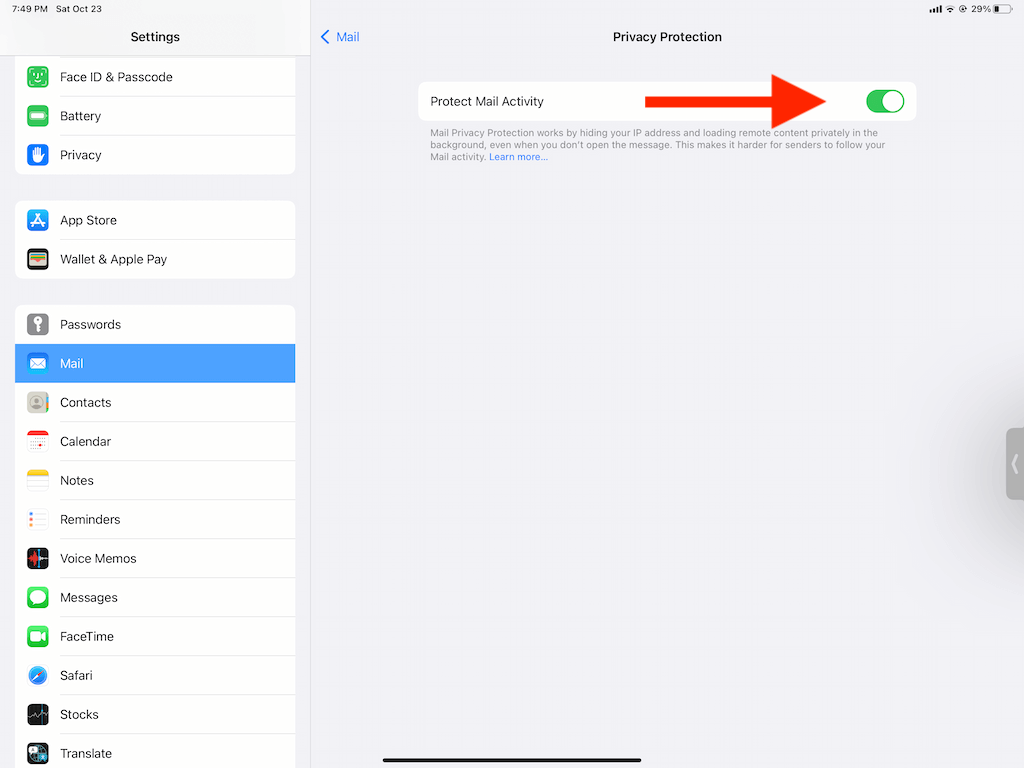 Protect Mail Activity toggle 