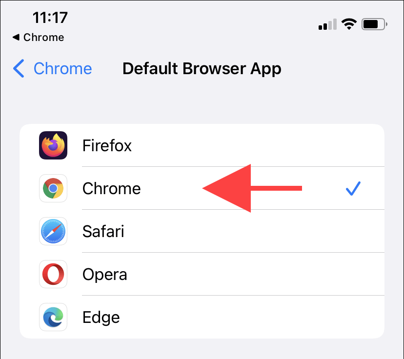 Chrome selected as Default Browser App 