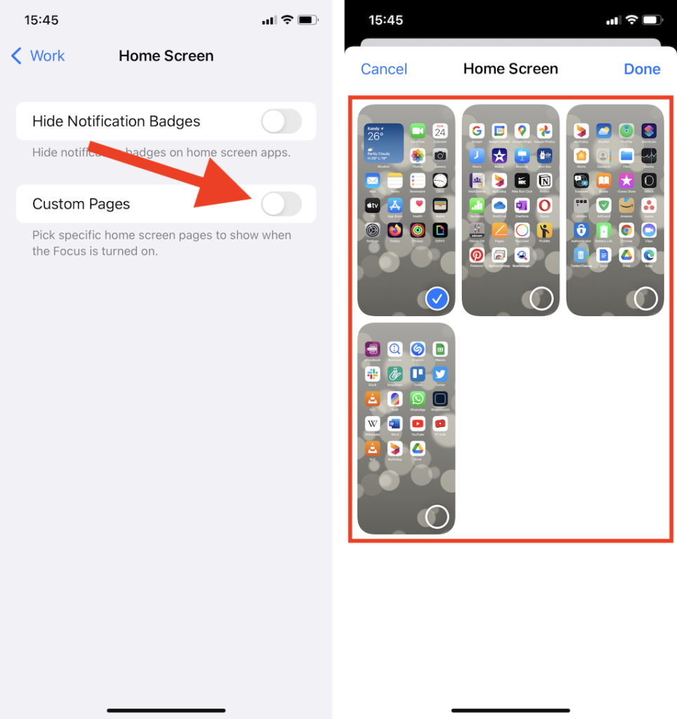 Custom Pages toggle and Home Screen selection options 