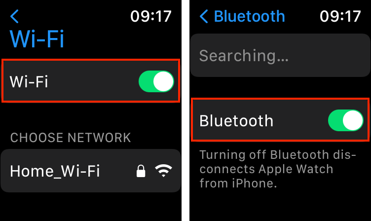 Wi-Fi and Bluetooth toggled to on