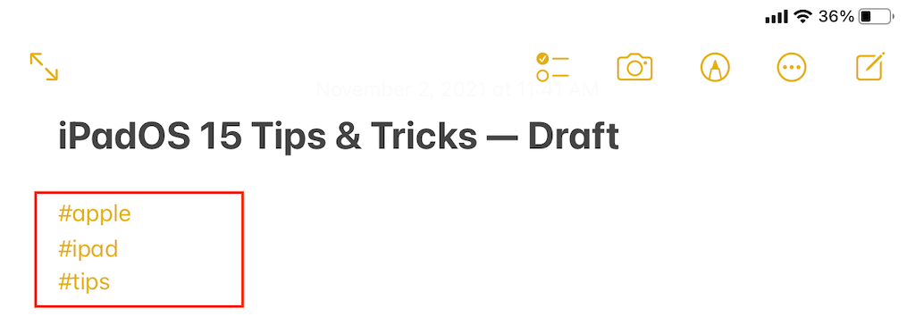Hashtags in Notes app 