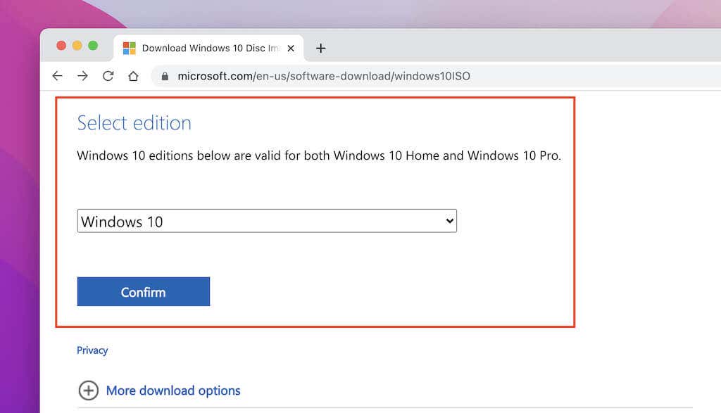 Windows 10 selected and Confirm button 