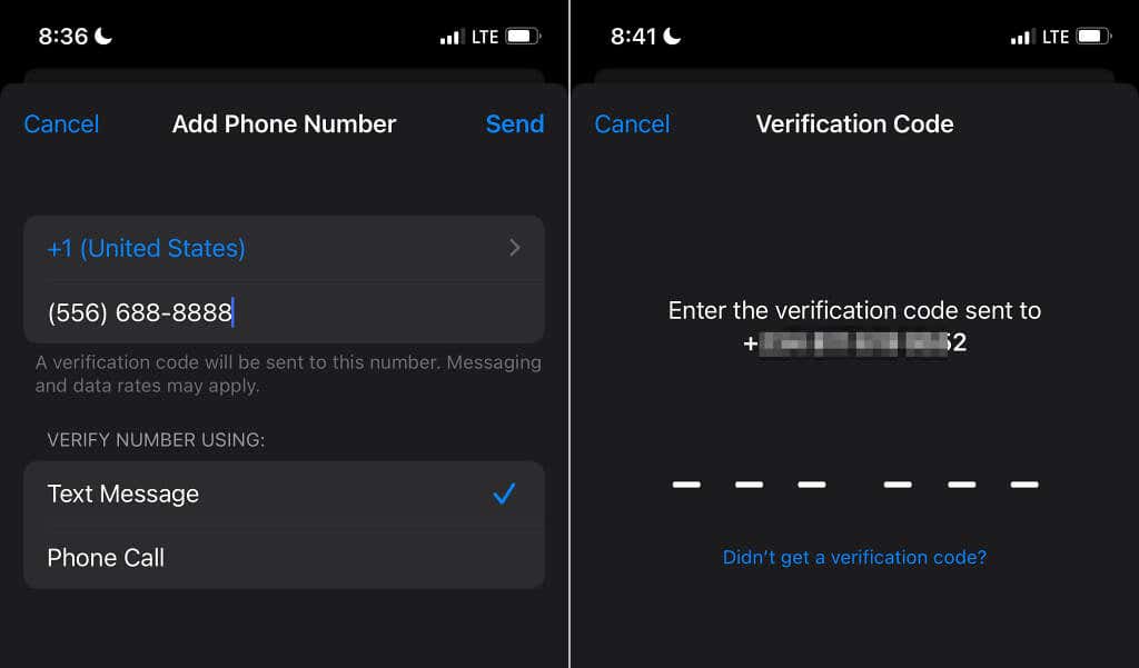 Add Phone Number and Verification Code screen 