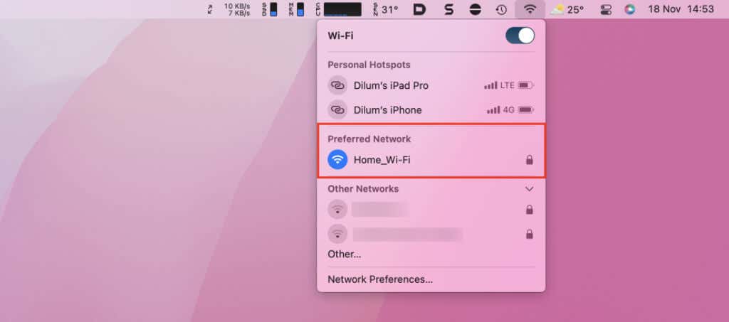 Wi-Fi menu showing Home_Wi-Fi preferred network 
