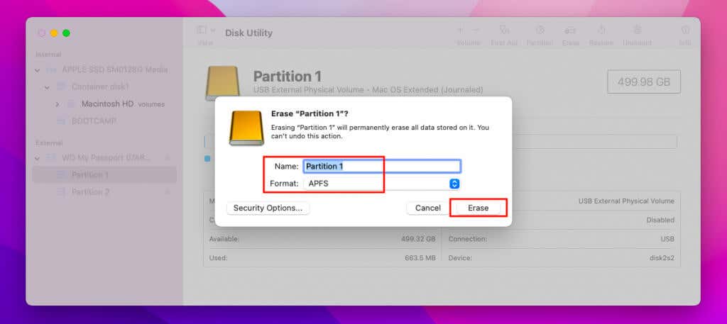 New name and format for partition and Erase button 