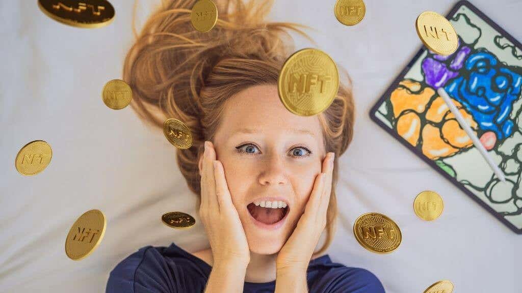 Physical NFT coins raining down on a woman 