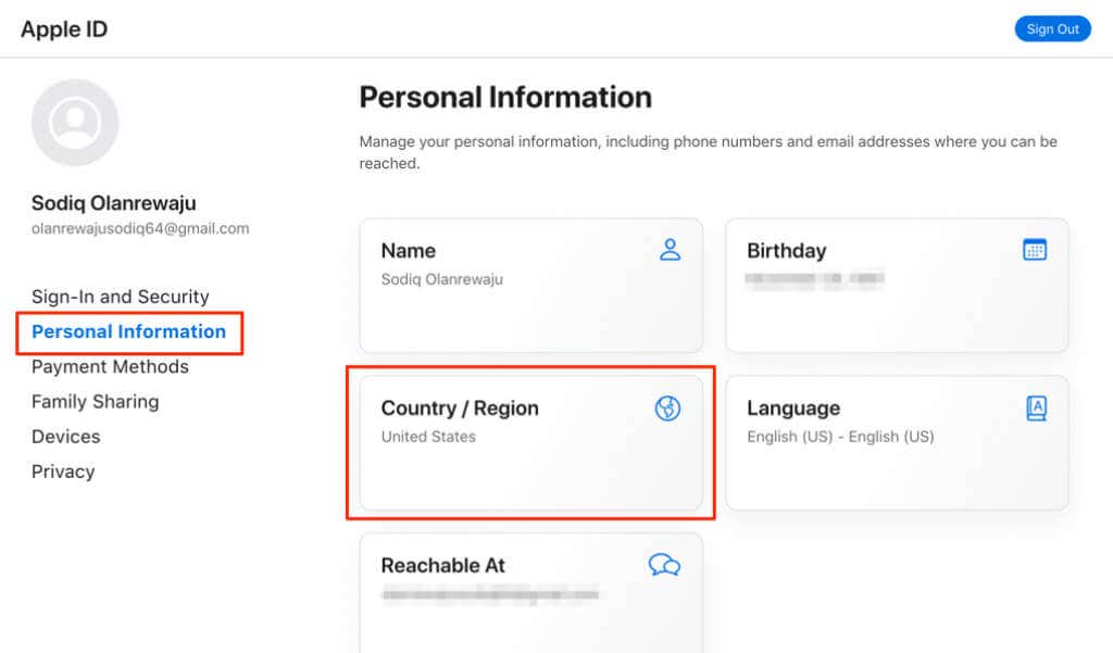 Personal Information > Country/Region 