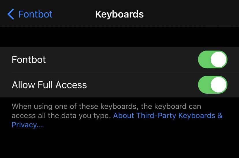 Fontbot > Keyboards > Allow Full Access 