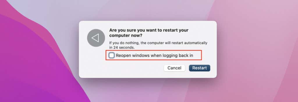 Reopen windows when logging back in checkbox 