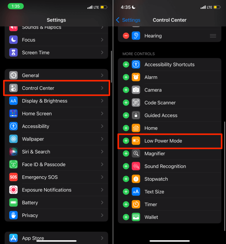 Control Center customization window