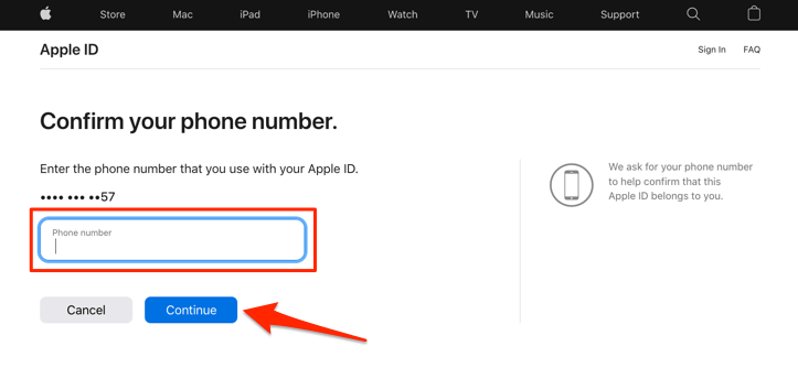 Phone number and Continue button 