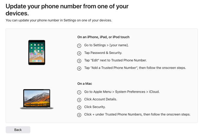 Update your phone number from one of your devices screen 