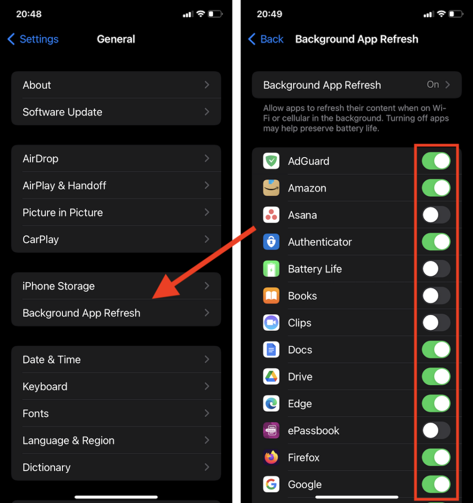 Background App Refresh toggle screen 