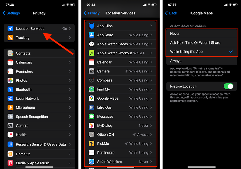 Location Services options