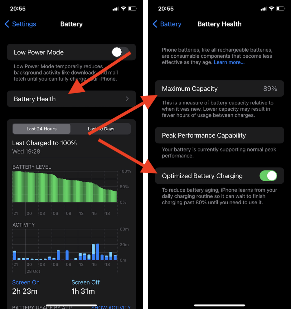 Settings > Battery > Battery Health 