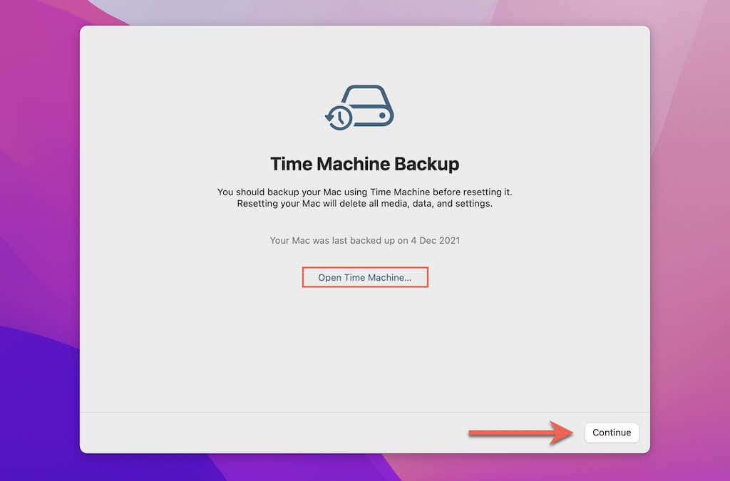 Open Time Machine selected and Continue button 