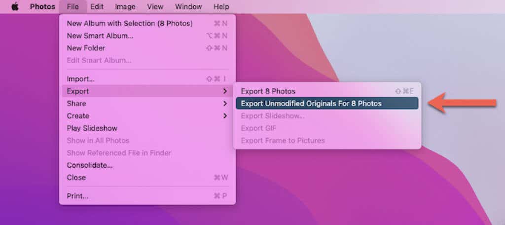 Export > Export Unmodified Original For x Photos