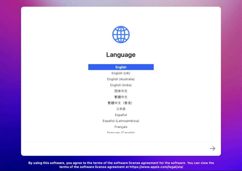 Language screen 