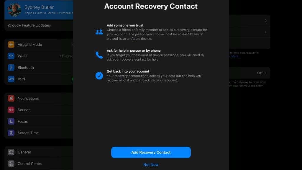 Account Recovery Contact screen