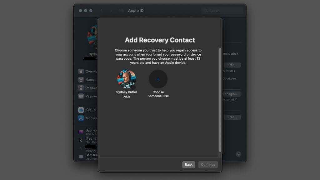 Add Recovery Contact screen 