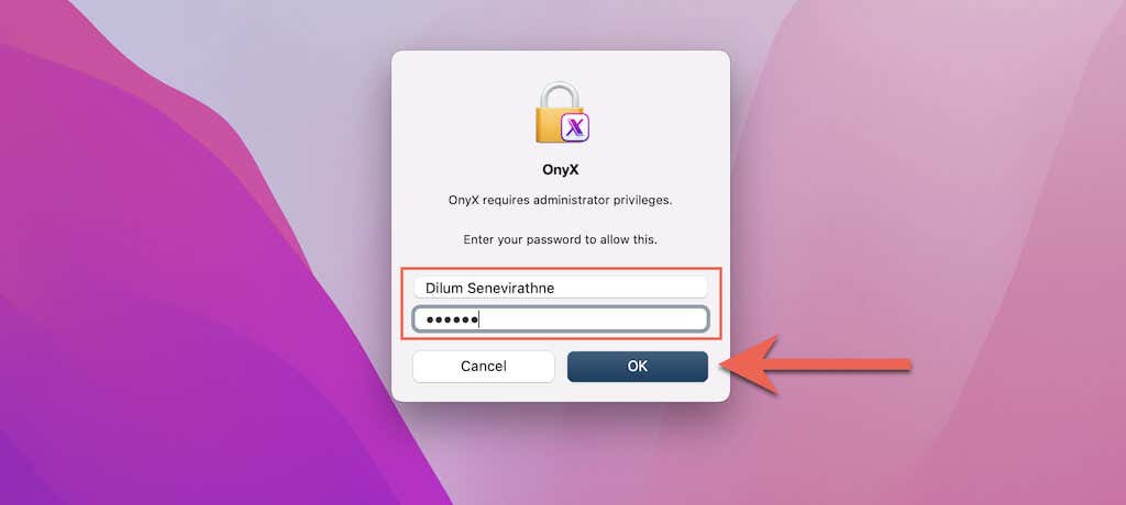 OnyX password screen 
