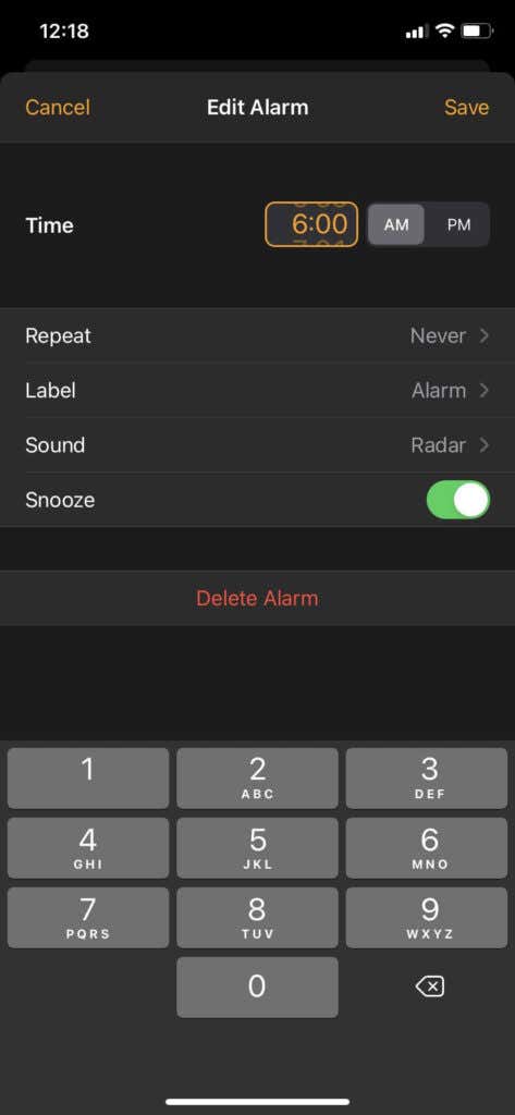 Edit Alarm screen 