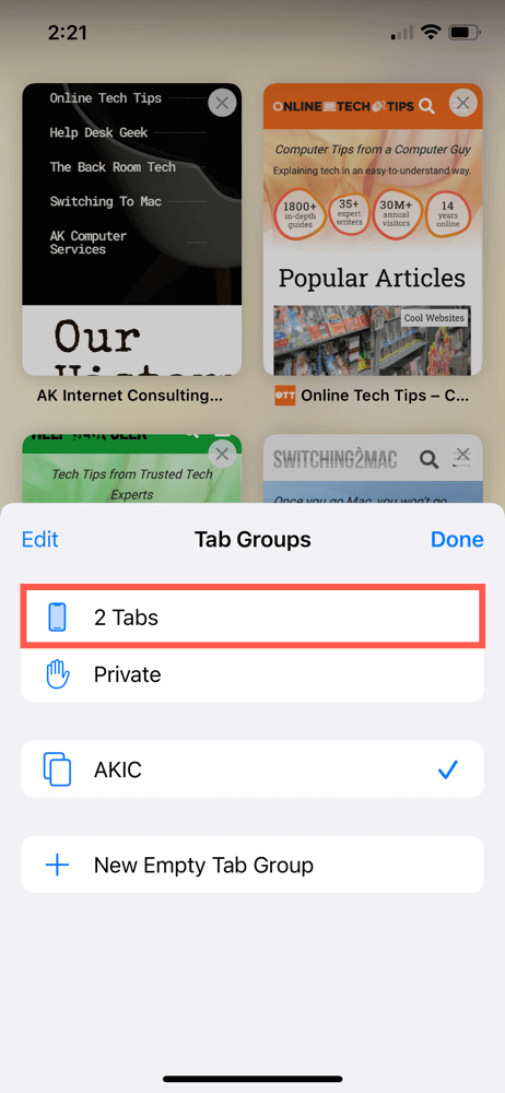 Tab group selected