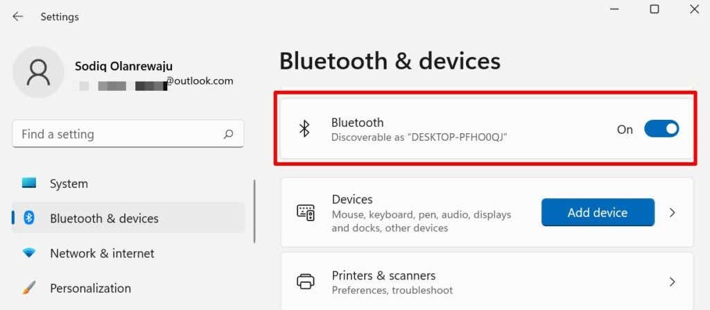 Settings > Bluetooth & devices > Bluetooth