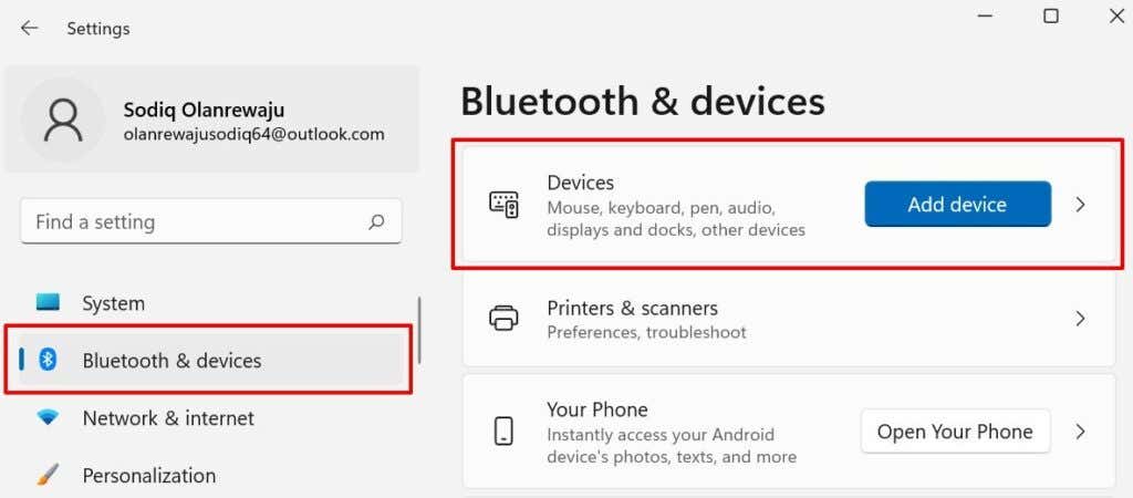 Settings > Bluetooth & devices > Devices